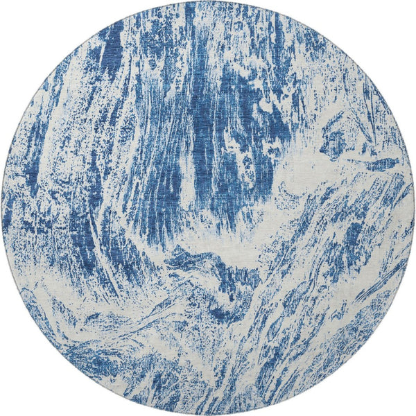 HomeRoots 8' Navy Blue & Ivory Abstract Washable Round Rug – Stain Resistant, UV Protected, Perfect for Any Space! 676785