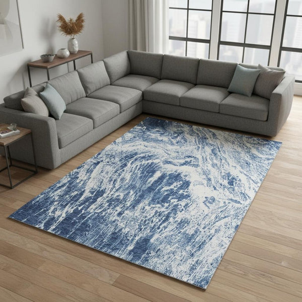 HomeRoots 8' X 10' Navy Blue Abstract Area Rug – Washable, UV-Protected, Stain-Resistant for High-Traffic Homes 676786