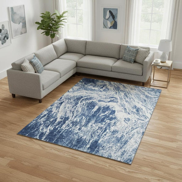 HomeRoots 9' X 12' Navy Blue Ivory Abstract Area Rug - Stylish, Washable, Stain-Resistant & UV-Protected Design 676787