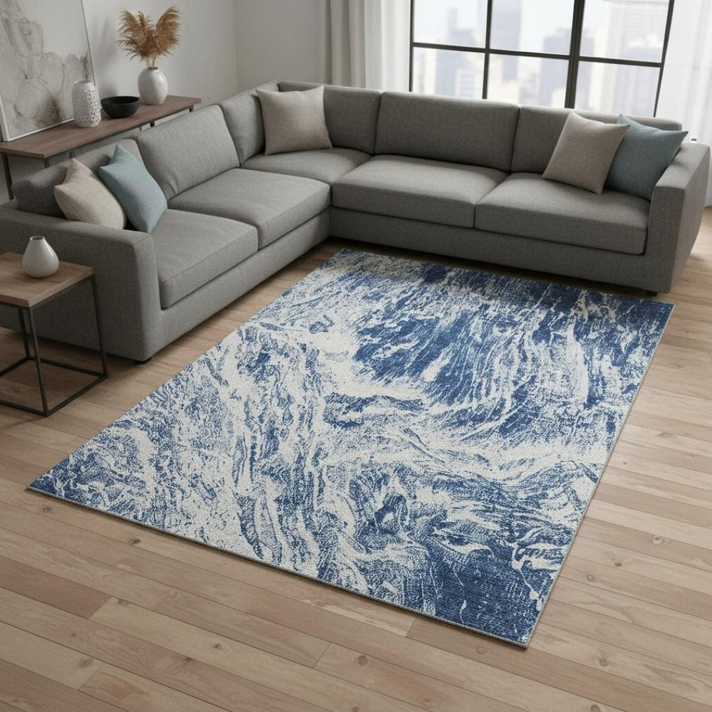 HomeRoots 10' X 14' Navy Blue and Ivory Abstract Area Rug – Washable, Durable, UV-Protected for Modern Spaces 676788