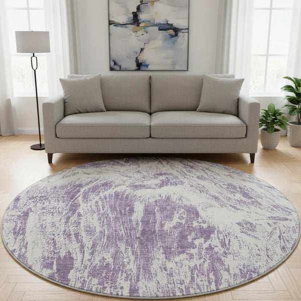 HomeRoots 8' Contemporary Purple and Ivory Abstract Washable Round Rug with UV Protection for Easy Care 676791