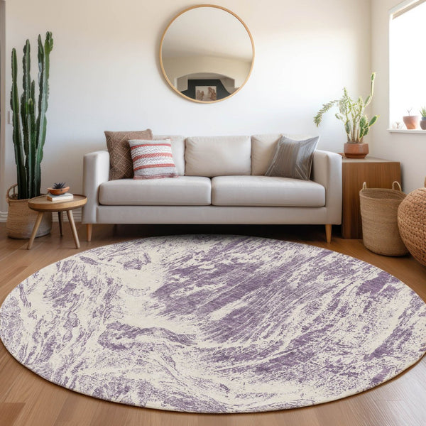 HomeRoots 8' Contemporary Purple and Ivory Abstract Washable Round Rug with UV Protection for Easy Care 676791