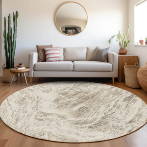 HomeRoots 8' Taupe and Beige Abstract Round Area Rug - Washable, UV Protected, Stylish for High-Traffic Spaces 676797