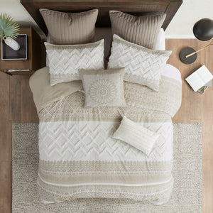 English Elm King/Cal King/Cal 3 Piece Mila Cotton Duvet Cover Set with Taupe Botanic Print, Chenille Chevron Tufting, OEKO-TEX Certified B035129139