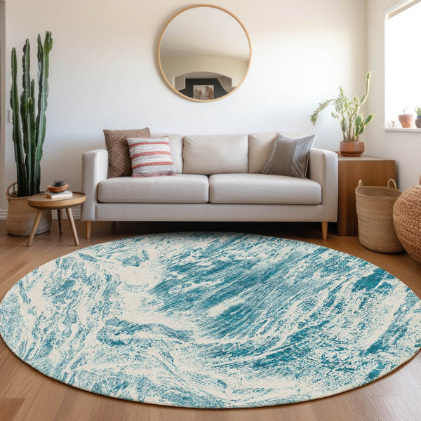 HomeRoots 8' Teal And Ivory Abstract Washable Round Rug - UV Protected, Stain-Resistant, Perfect for High-Traffic Areas 676803