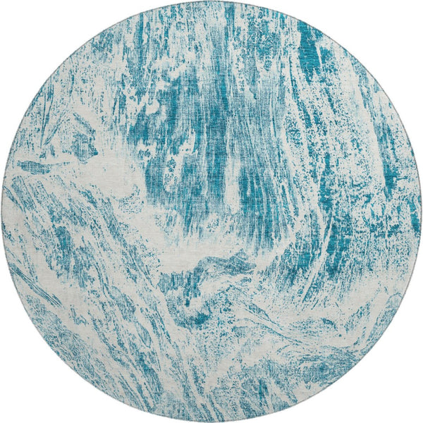 HomeRoots 8' Teal And Ivory Abstract Washable Round Rug - UV Protected, Stain-Resistant, Perfect for High-Traffic Areas 676803