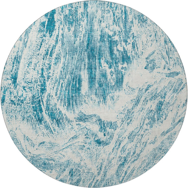 HomeRoots 8' Teal And Ivory Abstract Washable Round Rug - UV Protected, Stain-Resistant, Perfect for High-Traffic Areas 676803