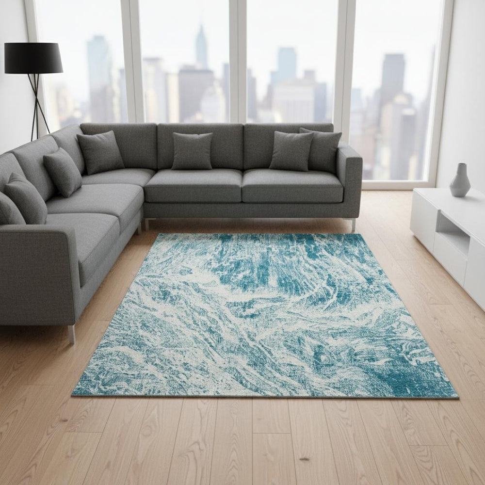 HomeRoots 8' X 10' Teal And Ivory Abstract Area Rug - Washable, UV Protected, Durable Design for Modern Spaces 676804