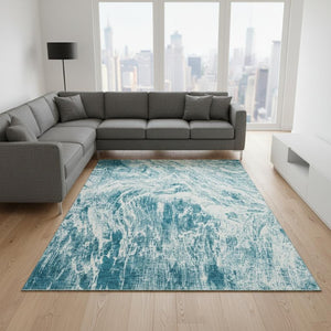 HomeRoots 9' X 12' Teal & Ivory Abstract Area Rug – Stylish, Washable, UV-Protected for Durable Everyday Use! 676805