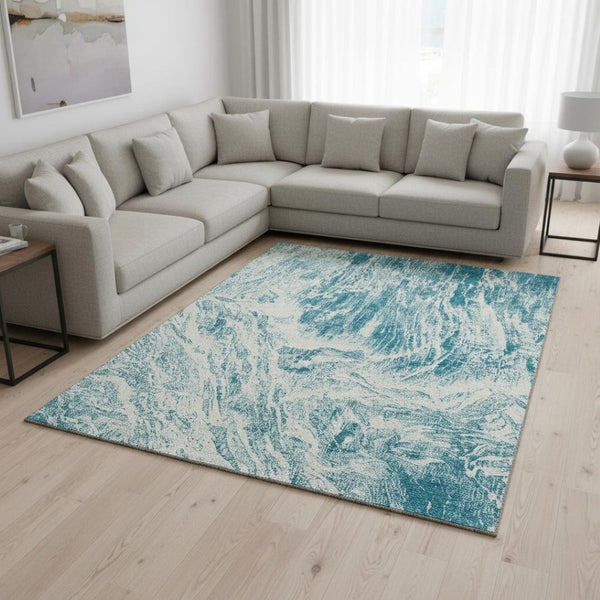 HomeRoots 10' X 14' Teal And Ivory Abstract Area Rug - Washable, UV Protected, Durable & Easy-Care for Homes 676806
