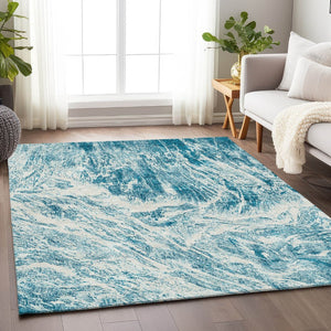 HomeRoots 10' X 14' Teal And Ivory Abstract Area Rug - Washable, UV Protected, Durable & Easy-Care for Homes 676806