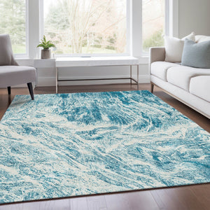 HomeRoots 10' X 14' Teal And Ivory Abstract Area Rug - Washable, UV Protected, Durable & Easy-Care for Homes 676806