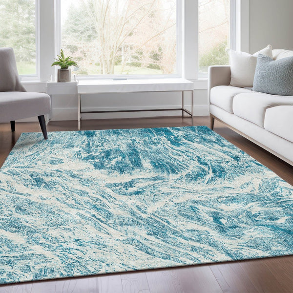 HomeRoots 10' X 14' Teal And Ivory Abstract Area Rug - Washable, UV Protected, Durable & Easy-Care for Homes 676806