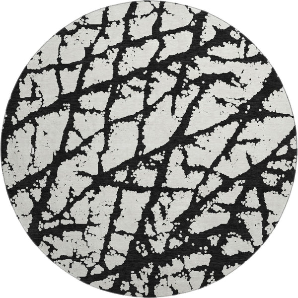 HomeRoots 8' Black And Ivory Abstract Round Rug - Washable, UV Protected, Durable Design for Modern Homes 676809