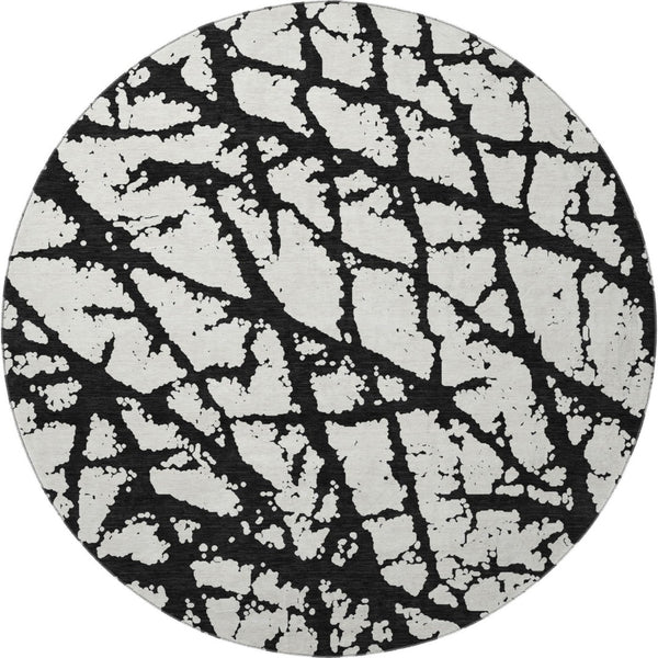 HomeRoots 8' Black And Ivory Abstract Round Rug - Washable, UV Protected, Durable Design for Modern Homes 676809
