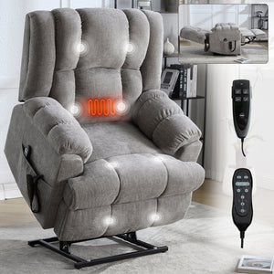 English Elm Dual Motor Power Lift Recliner Chenille Chair with Massage Heat and Infinite Positions Light Gray W3224P288433