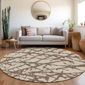 HomeRoots 8' Abstract Washable Round Area Rug in Brown and Beige - UV Protected, Stain Resistant, Easy-Care Design 676821
