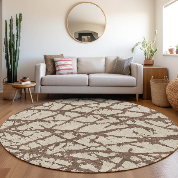 HomeRoots 8' Abstract Washable Round Area Rug in Brown and Beige - UV Protected, Stain Resistant, Easy-Care Design 676821