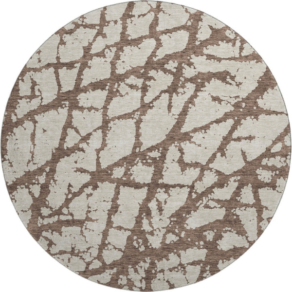 HomeRoots 8' Abstract Washable Round Area Rug in Brown and Beige - UV Protected, Stain Resistant, Easy-Care Design 676821
