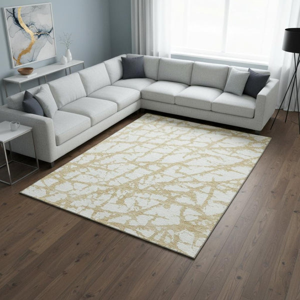 HomeRoots 8' X 10' Gold And Ivory Abstract Washable Area Rug - Stain-Resistant, UV-Protected, Stylish Comfort 676834