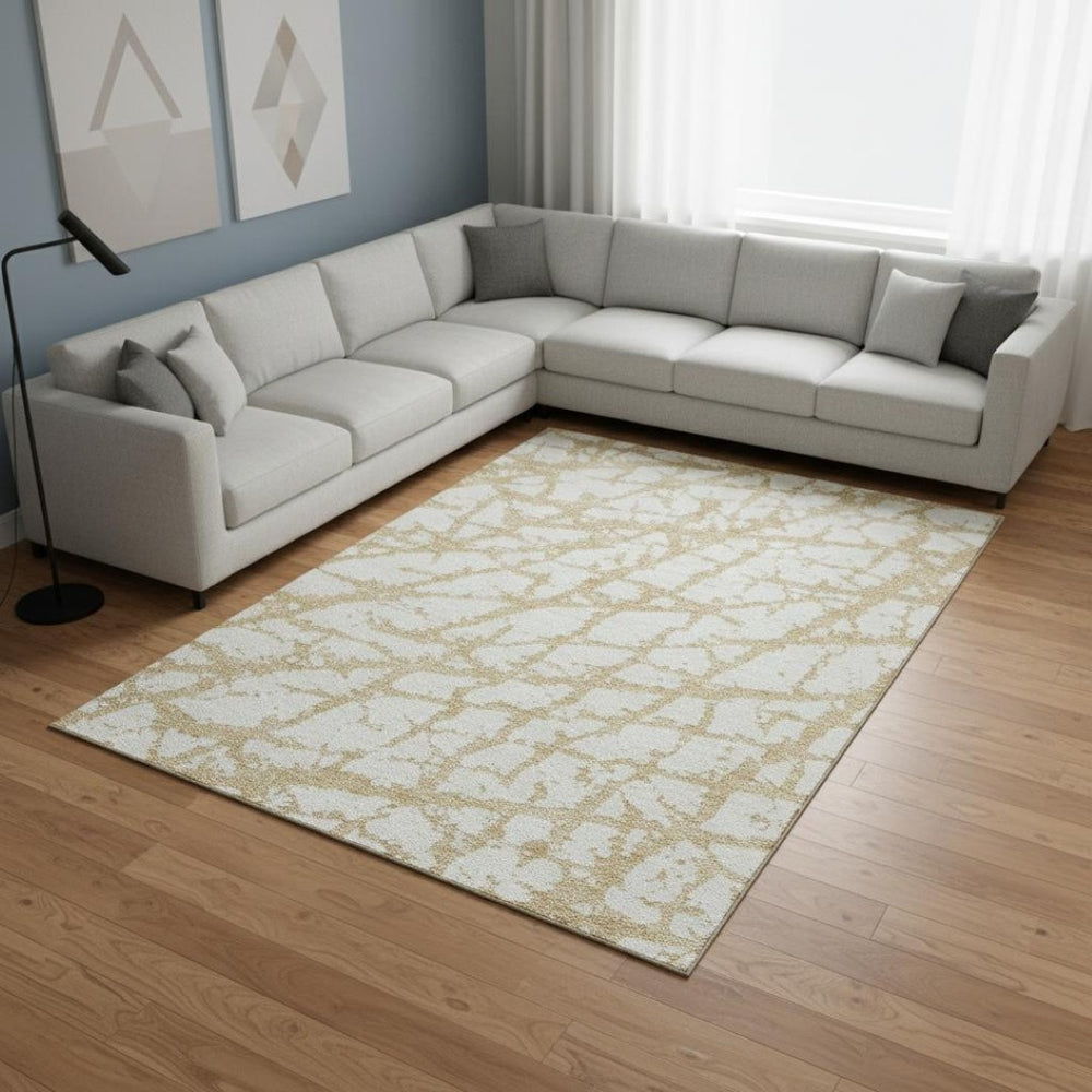 HomeRoots 9' X 12' Gold and Ivory Abstract Washable Area Rug - Durable, Stylish, UV Protected for Homes with Kids 676835