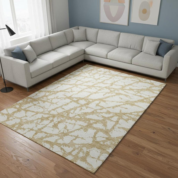HomeRoots 10' Gold and Ivory Abstract Washable Area Rug - UV Protected, Durable, Stylish for Modern Homes 676836