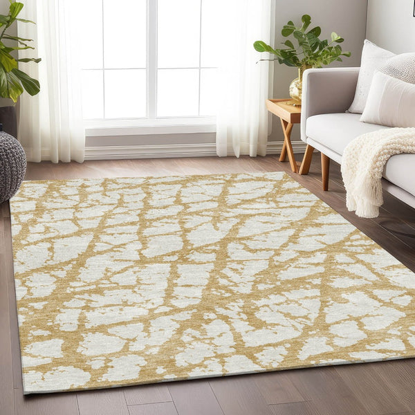 HomeRoots 10' Gold and Ivory Abstract Washable Area Rug - UV Protected, Durable, Stylish for Modern Homes 676836