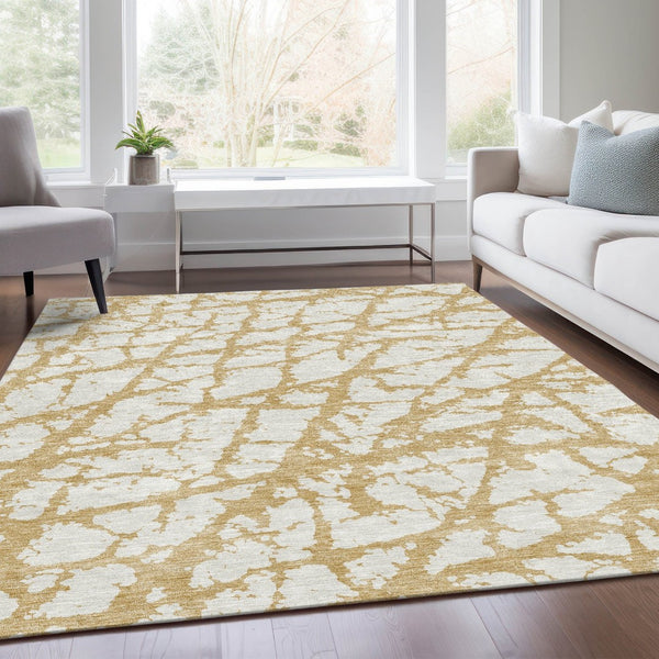 HomeRoots 10' Gold and Ivory Abstract Washable Area Rug - UV Protected, Durable, Stylish for Modern Homes 676836