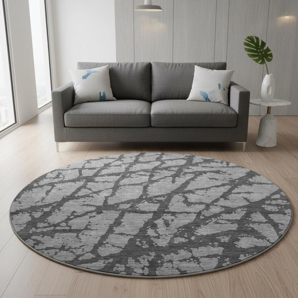 HomeRoots 8' Gray and Charcoal Abstract Washable Round Rug – Stylish, Durable, UV Protected for Modern Homes 676839
