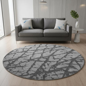 HomeRoots 8' Gray and Charcoal Abstract Washable Round Rug – Stylish, Durable, UV Protected for Modern Homes 676839