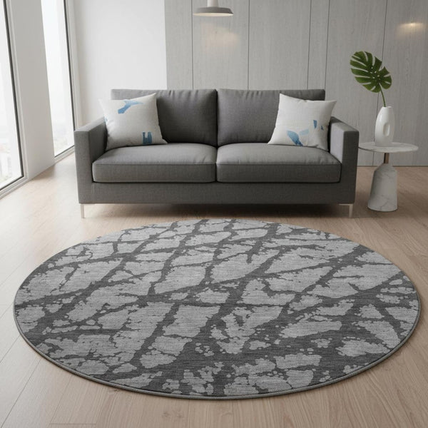 HomeRoots 8' Gray and Charcoal Abstract Washable Round Rug – Stylish, Durable, UV Protected for Modern Homes 676839