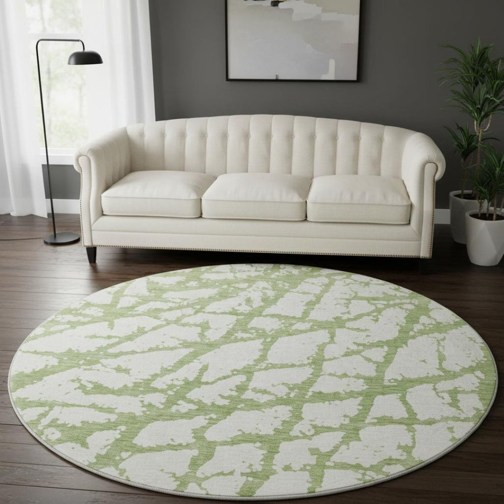 HomeRoots 8' Green and Ivory Abstract Round Rug - Washable, UV-Protected, Durable & Stylish for All Spaces! 676845