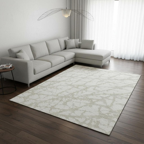 HomeRoots 9' X 12' Ivory and Beige Abstract Washable Area Rug - Modern, UV Protected, Stain Resistant Design 676853