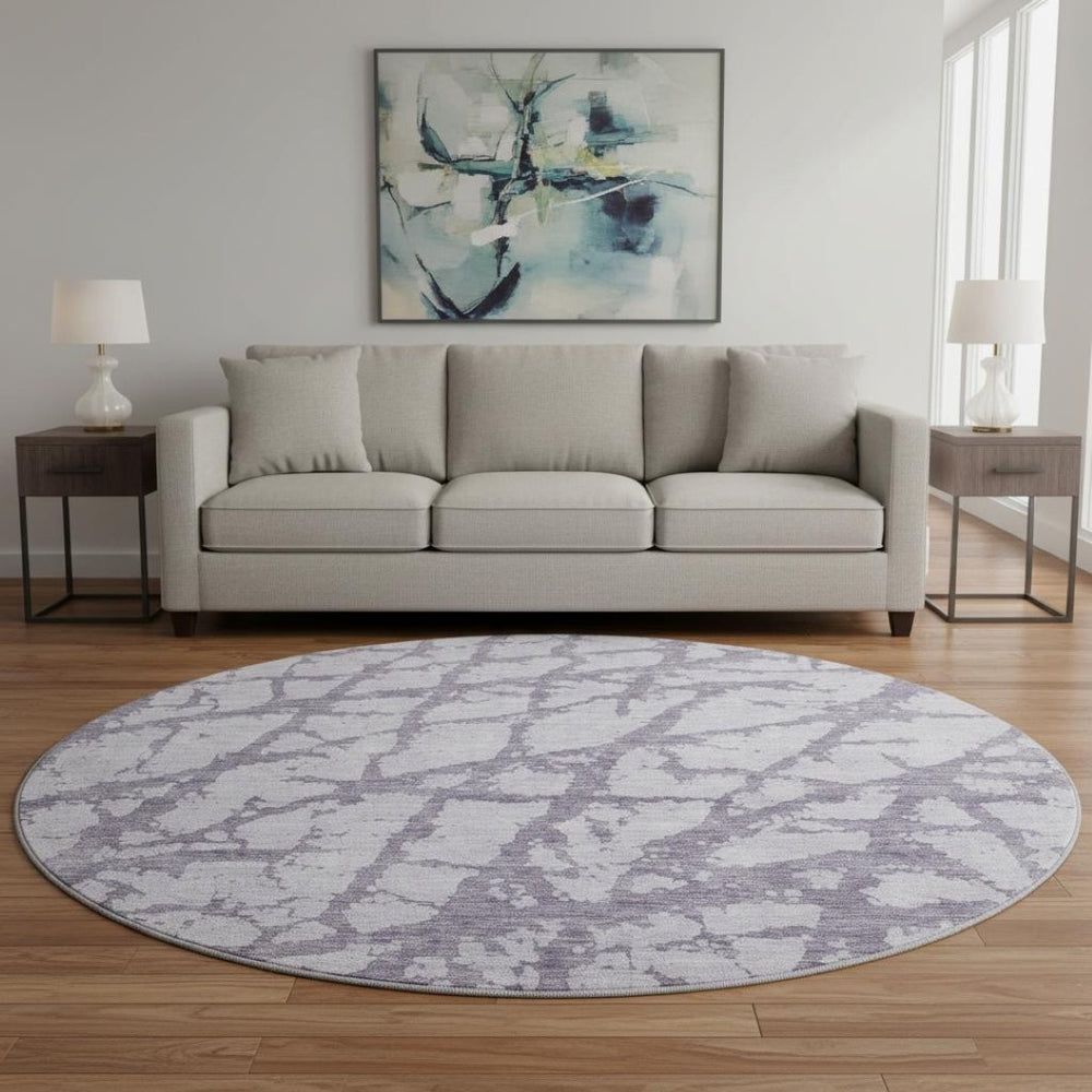 HomeRoots 8' Contemporary Lavender & Beige Abstract Round Rug - Washable, UV Protected, Stain Resistant Design 676857