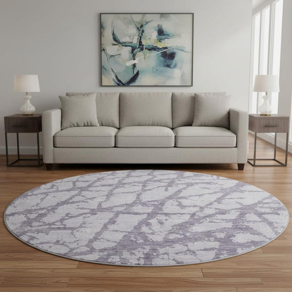 HomeRoots 8' Contemporary Lavender & Beige Abstract Round Rug - Washable, UV Protected, Stain Resistant Design 676857
