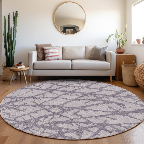 HomeRoots 8' Contemporary Lavender & Beige Abstract Round Rug - Washable, UV Protected, Stain Resistant Design 676857