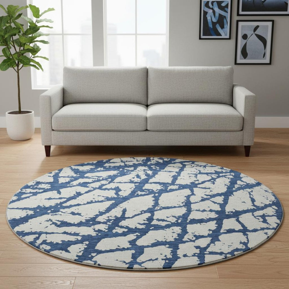 HomeRoots 8' Navy Blue & Ivory Abstract Round Rug - Stylish, Washable, UV-Protected, Perfect for High Traffic Areas 676863
