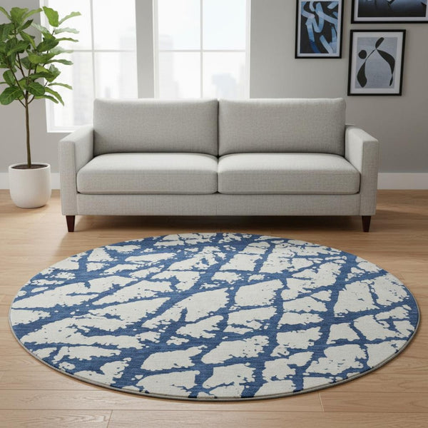 HomeRoots 8' Navy Blue & Ivory Abstract Round Rug - Stylish, Washable, UV-Protected, Perfect for High Traffic Areas 676863