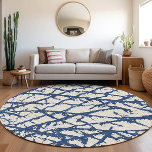 HomeRoots 8' Navy Blue & Ivory Abstract Round Rug - Stylish, Washable, UV-Protected, Perfect for High Traffic Areas 676863