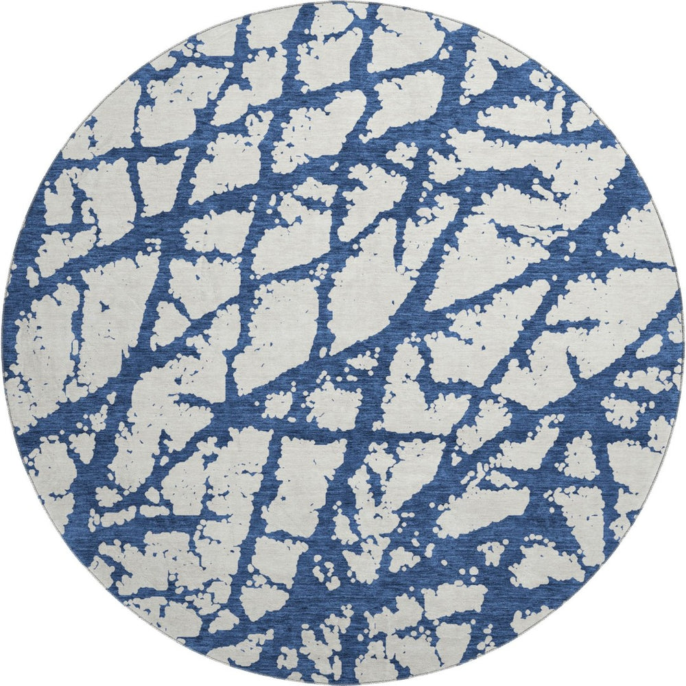 HomeRoots 8' Navy Blue & Ivory Abstract Round Rug - Stylish, Washable, UV-Protected, Perfect for High Traffic Areas 676863