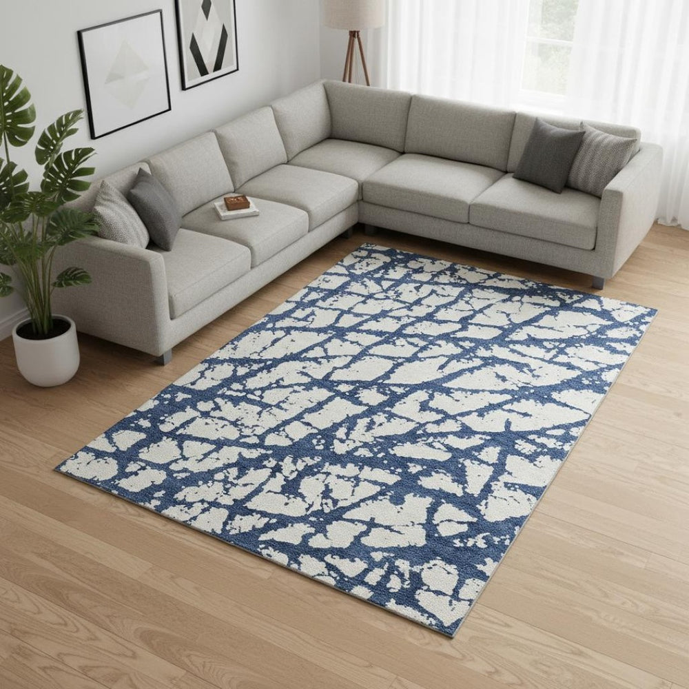 HomeRoots 8' X 10' Navy Blue & Ivory Abstract Washable Area Rug - Durable, UV-Protected, Modern Elegance 676864