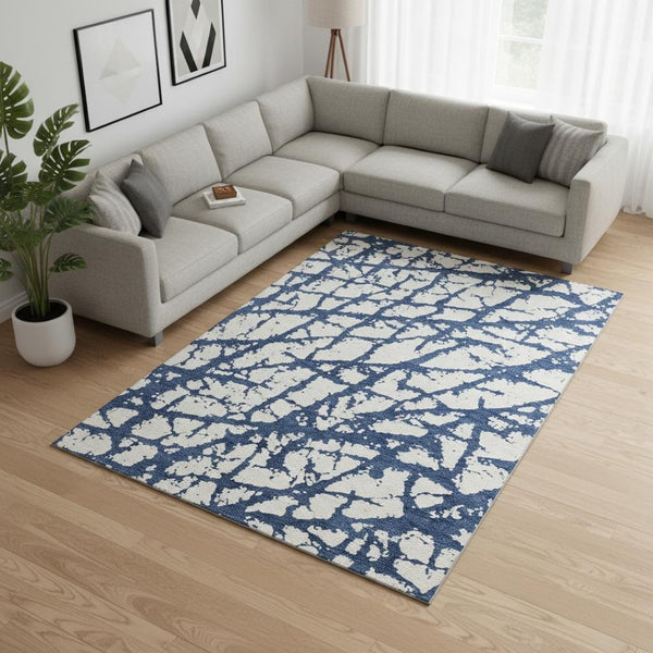HomeRoots 8' X 10' Navy Blue & Ivory Abstract Washable Area Rug - Durable, UV-Protected, Modern Elegance 676864