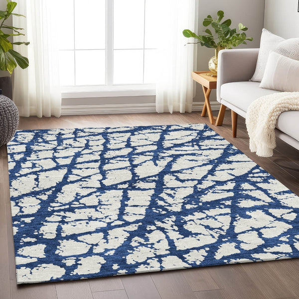 HomeRoots 8' X 10' Navy Blue & Ivory Abstract Washable Area Rug - Durable, UV-Protected, Modern Elegance 676864