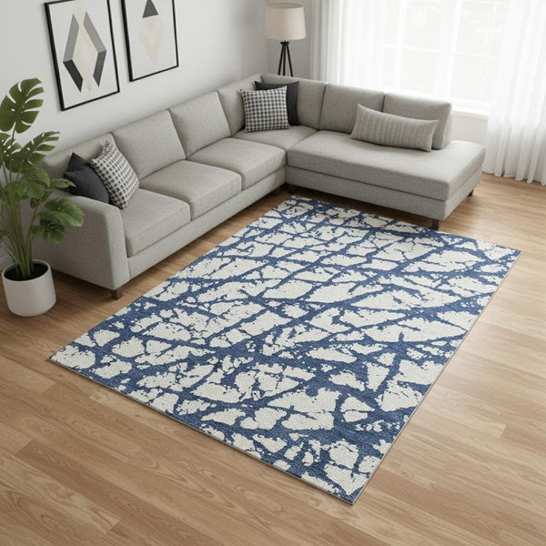 HomeRoots 9' X 12' Navy Blue & Ivory Abstract Area Rug – Washable, Stain-Resistant, UV Protected Elegance! 676865