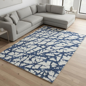 HomeRoots 10' Navy Blue & Ivory Abstract Washable Area Rug - Durable, UV-Protected & Perfect for Busy Homes! 676866