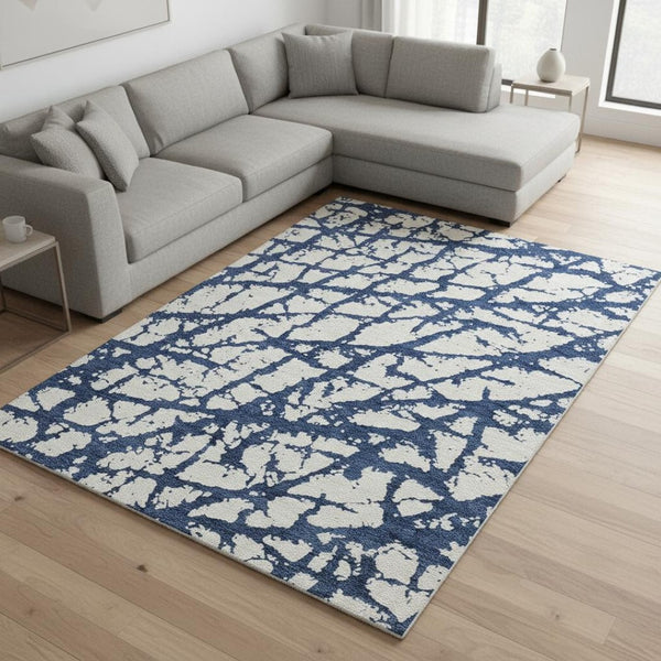 HomeRoots 10' Navy Blue & Ivory Abstract Washable Area Rug - Durable, UV-Protected & Perfect for Busy Homes! 676866