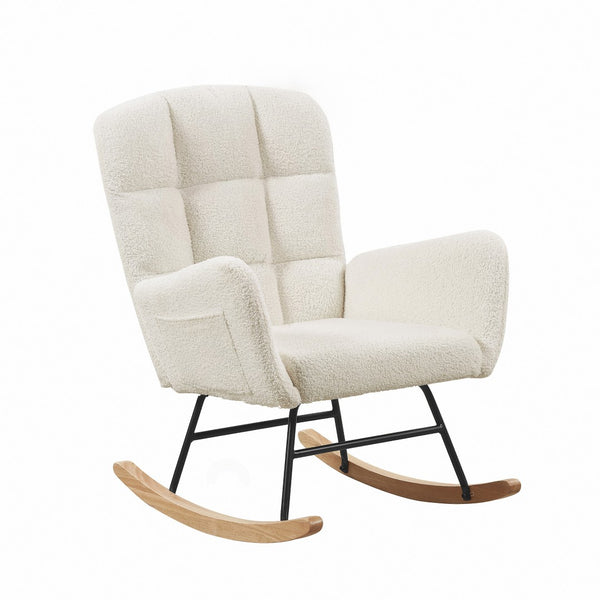 English Elm Cream Plush Teddy Fabric Rocking Armchair with High Back Support for Nursery Cream White W3985P404154