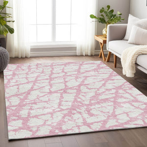 HomeRoots 5' X 8' Pink and Ivory Abstract Washable Area Rug – Soft, Durable, UV-Protected for Modern Homes 676868
