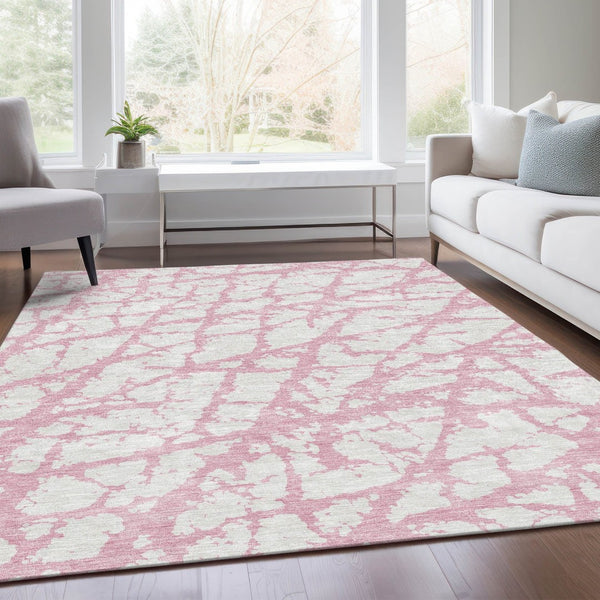 HomeRoots 5' X 8' Pink and Ivory Abstract Washable Area Rug – Soft, Durable, UV-Protected for Modern Homes 676868