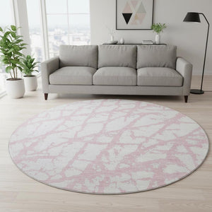 HomeRoots 8' Pink and Ivory Abstract Washable Round Rug - UV Protected, Stain Resistant, Perfect for Busy Homes 676869